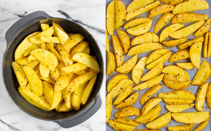 Side by side view of seasoned Potato Wedges in a bowl and distributed on a baking sheet.