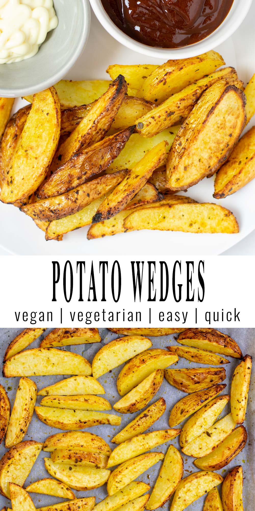 Collage of two pictures of the Potato Wedges with recipe title text.