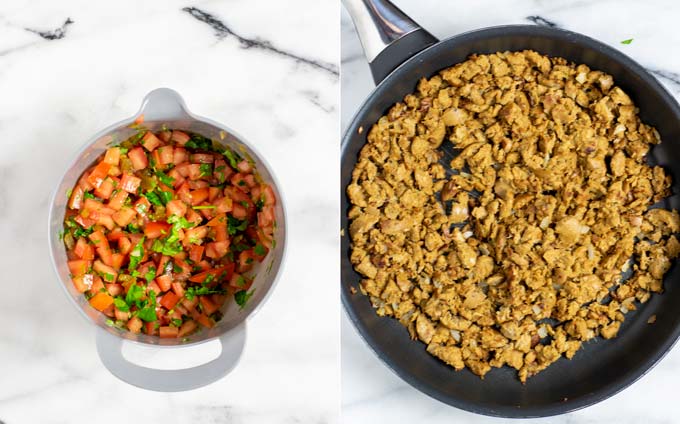 Side by side view of a simple salsa in a bowl, and fried sausage bits in a pan.