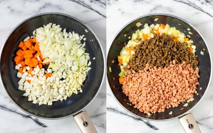 Side by side view of a frying pan, first with vegetables then with vegan bacon and minced meat added.