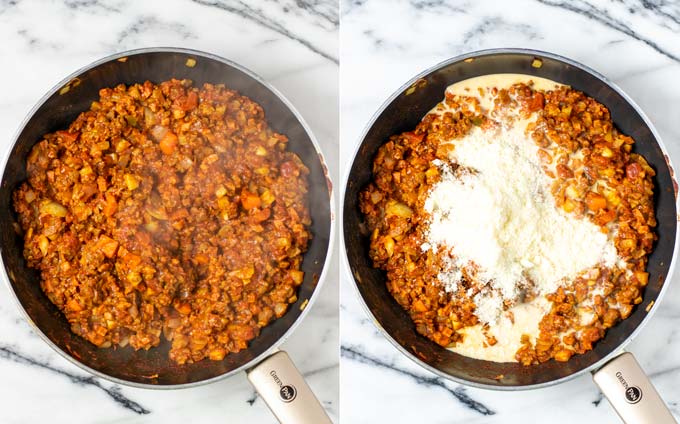 Side by side view of a pan with sauce added and finally with vegan parmesan cheese.