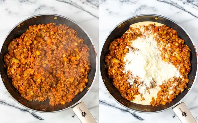 Side by side view of a pan with sauce added and finally with vegan parmesan cheese.