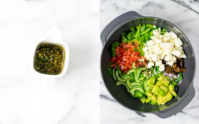 Side by side view of the salad dressing in a small jar, and the green salad ingredients in a big mixing bowl.