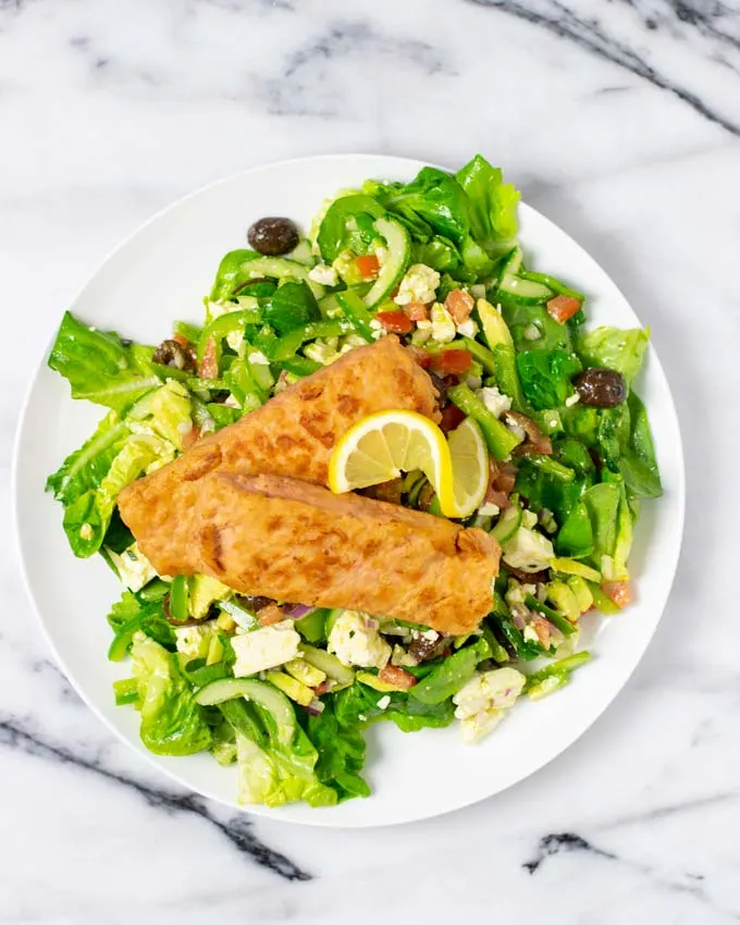 Top view on a large plate of the Salmon Salad.