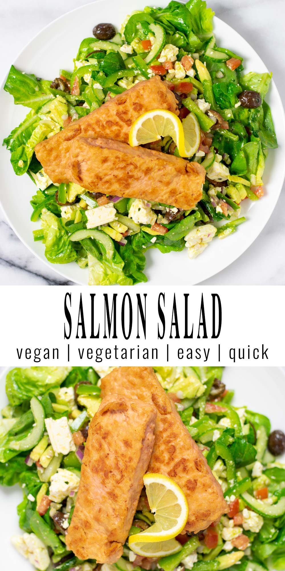 Collage of two pictures of the Salmon Salad with recipe title text.