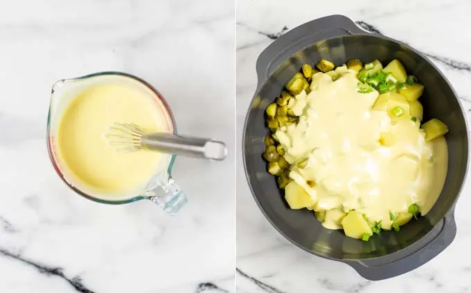 Side by side view of a small bowl with the mixed dressing and a large mixing bowl with all ingredients for the Southern Potato Salad.