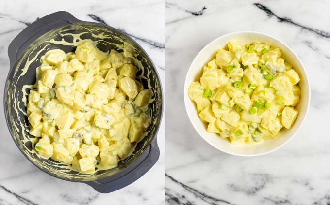 Side y side view of he mixed salad in a large mixing bowl and a smaller white serving bowl.