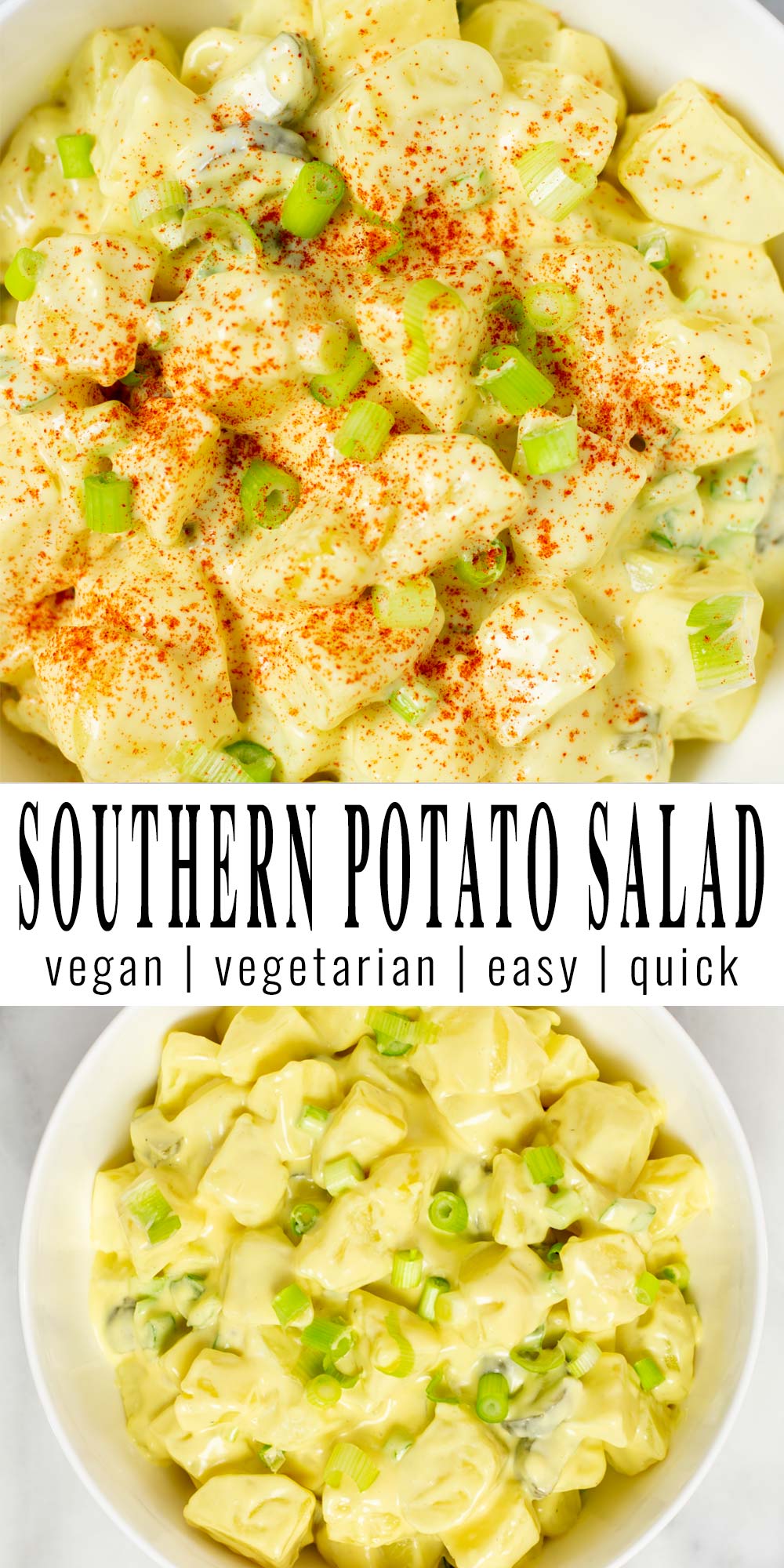 Collage of two pictures of the Southern Potato Salad with recipe title text.