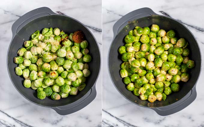 Brussels sprouts are seasoned and mixed with oil in a large bowl.