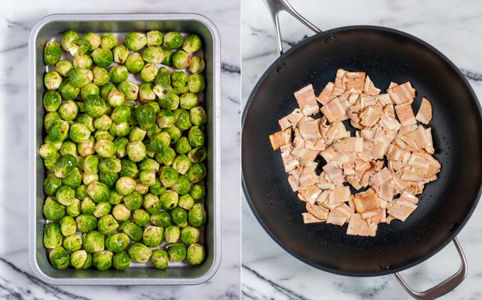 Side by side view of the Brussels sprouts in a baking pan and a frying pan with vegan bacon slices.