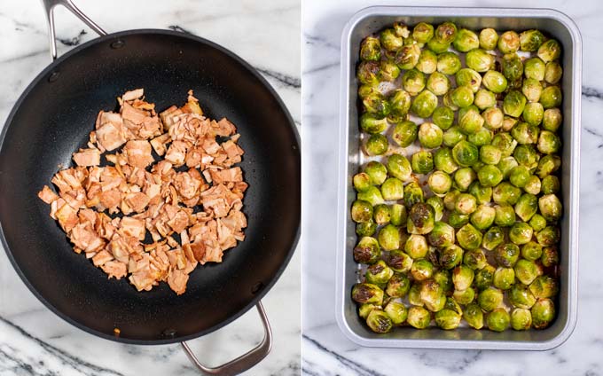 Double view of vegan bacon slices in a pan and roasted Brussels sprouts from the oven.