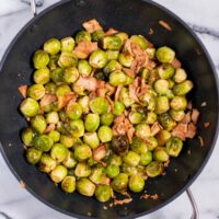 Ready Bacon Brussels sprouts in a pan.