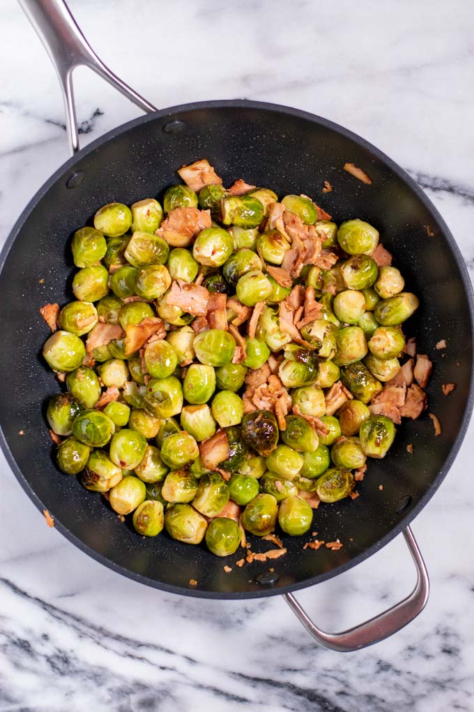 Ready Bacon Brussels sprouts in a pan.