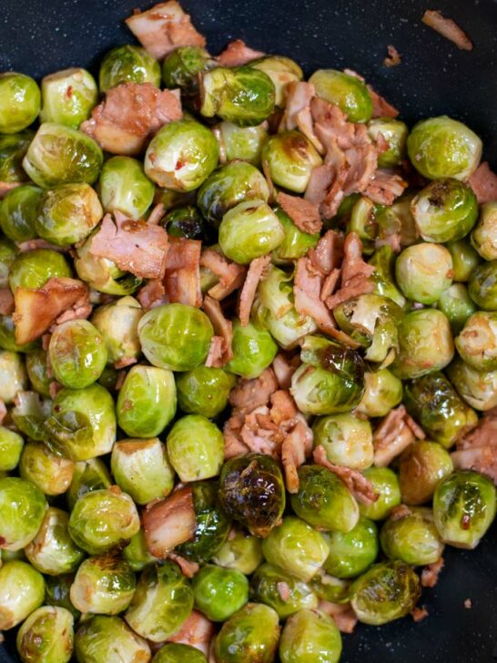 Closeup of the Bacon Brussels sprouts.