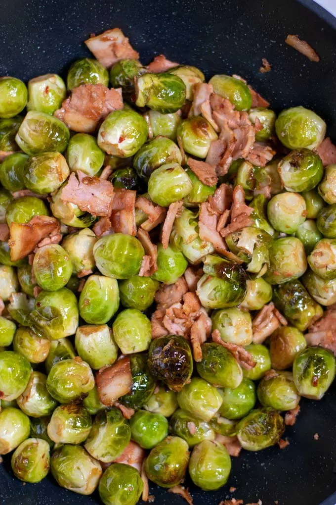 Closeup of the Bacon Brussels sprouts.