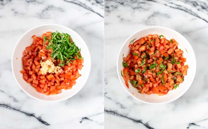 Side by side view of a bowl in which first all ingredients of the topping are given into, and then after mixing them.