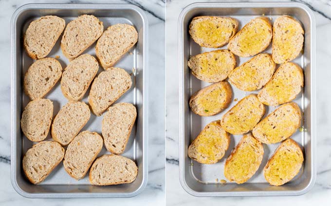 A baking dish with slices of bread before and after sprinkling with olive oil.