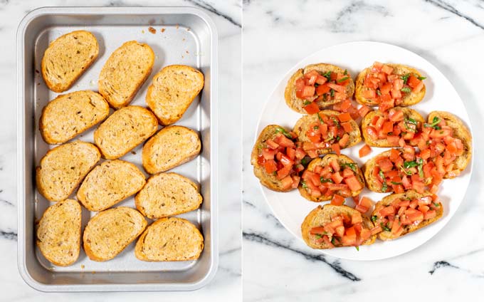 Side by side view of a baking dish with the toasted bread slices and a plate with ready Bruschetta.