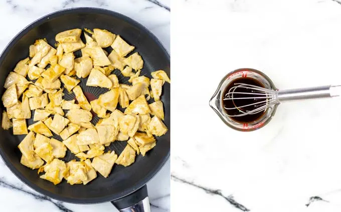 Side by side view of vegan chicken being fried in a pan, and the stir fry sauce bing prepared in a jar.