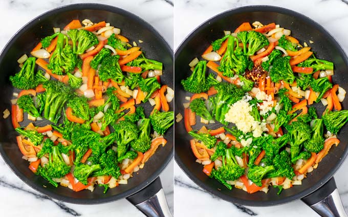 Side by side view of vegetables being fried in a pan, with spices added in a second step.