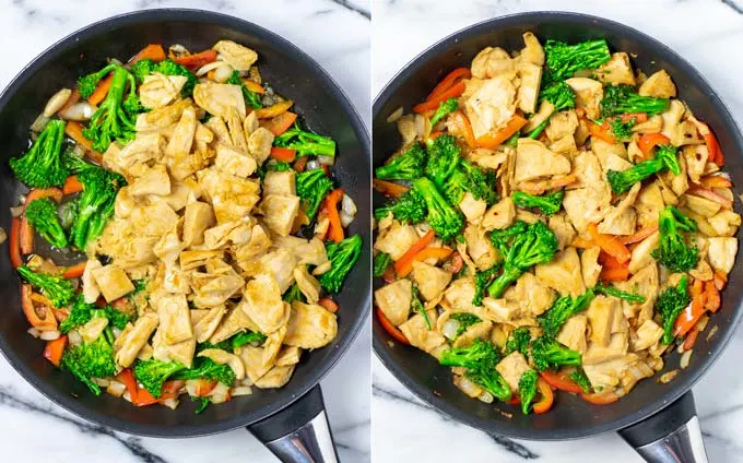 Vegan chicken is added back into the pan with vegetables and mixed.