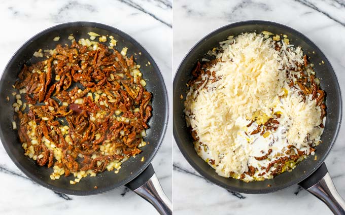 Top view on a frying pan with sun dried tomatoes, and then vegan cheese and cream mixed in.