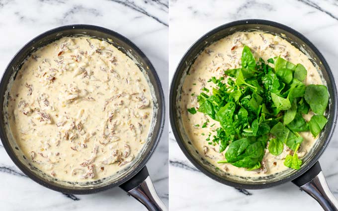 Side by side view of the creamy sauce of the Creamy Tuscan Chicken before and after adding of spinach.