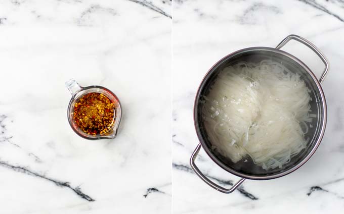 Side by side view of a small jar with the stir fry sauce and rice noodles in a pot.