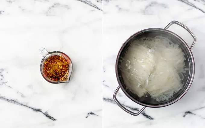 Side by side view of a small jar with the stir fry sauce and rice noodles in a pot.