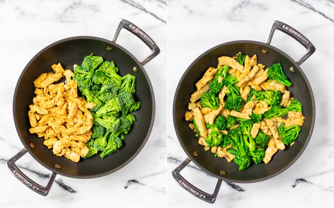 Side by side pictures of vegan chicken and broccoli being fried in a pan.