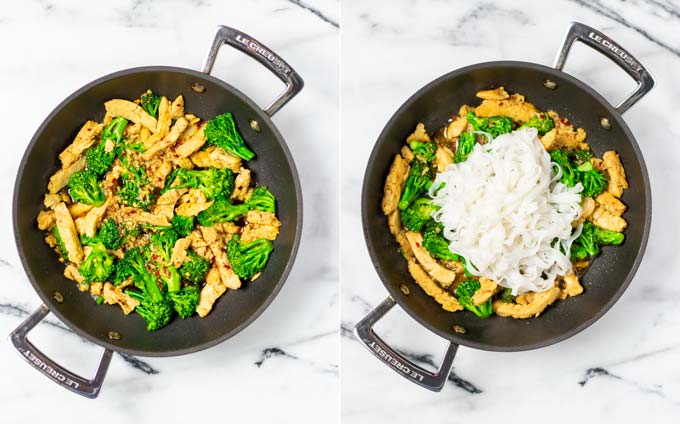 Two pictures showing how stir fry sauce and cooked rice noodles are given to the chicken and broccoli in the pan.