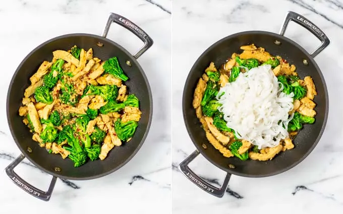 Two pictures showing how stir fry sauce and cooked rice noodles are given to the chicken and broccoli in the pan.