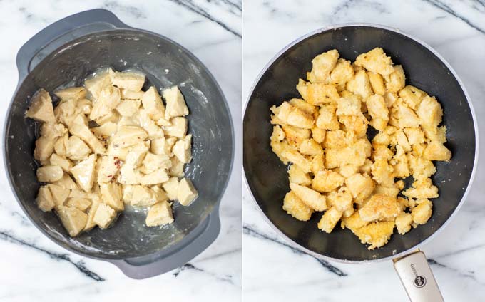 Side by side view of how the plant based chicken is first coated, then fried in a pan.