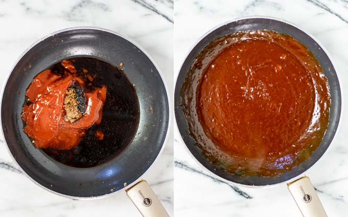 Side by side view of a pan in which the Sweet and Sour sauce is being prepared.