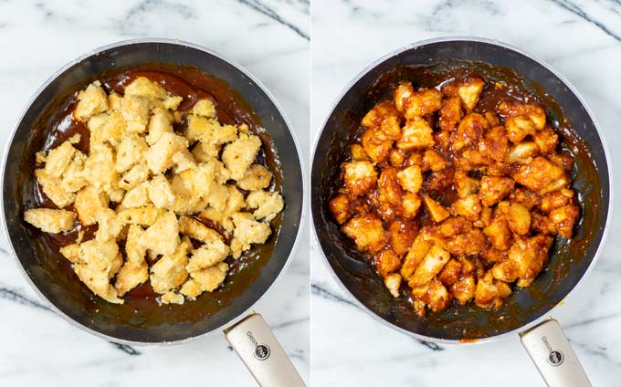 Two pictures showing how fried plant based chicken is added to the sauce and all mixed in a pan.