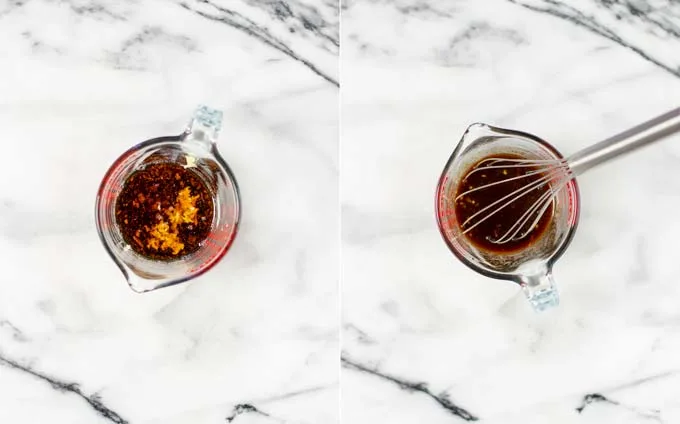 Side by side view showing how the Teriyaki sauce is prepared in a small glass jar.