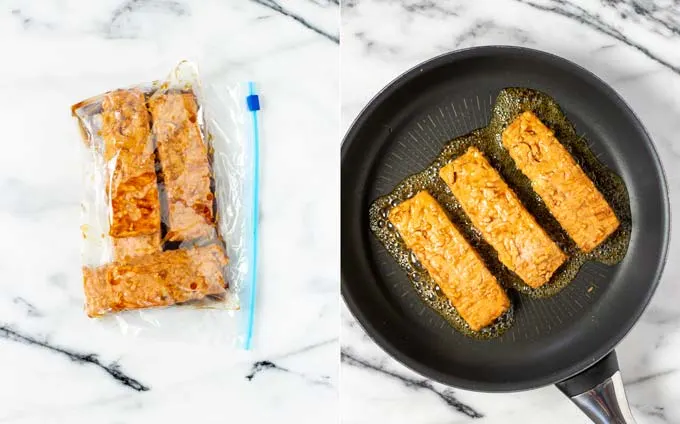 Two pictures showing how first vegan salmon is marinated in sauce, then added to a pan.