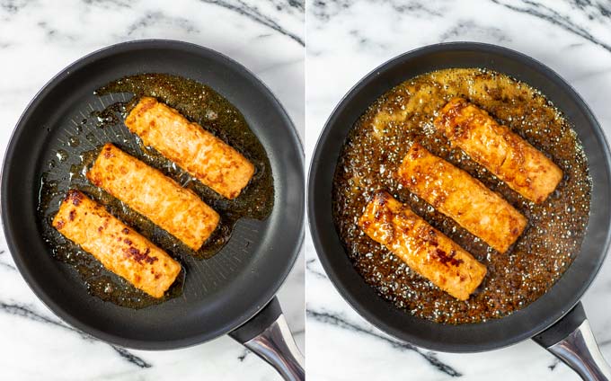 Side by side view of a frying pan with the Teriyaki Salmon.