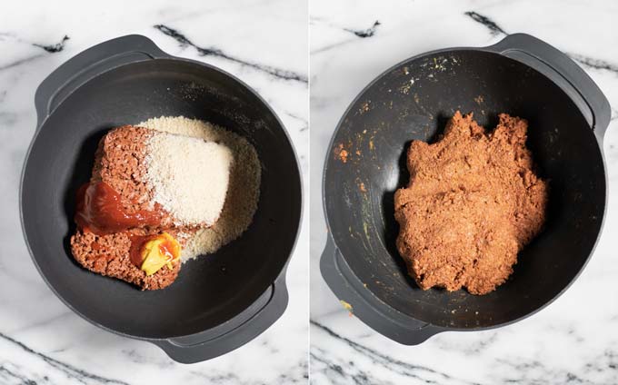 Double view of a large mixing bowl with the steak ingredients before and after mixing.