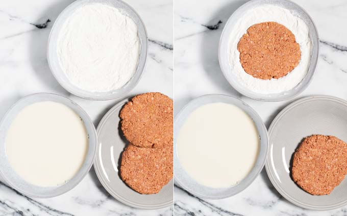 Side by side view of how steaks are floured.