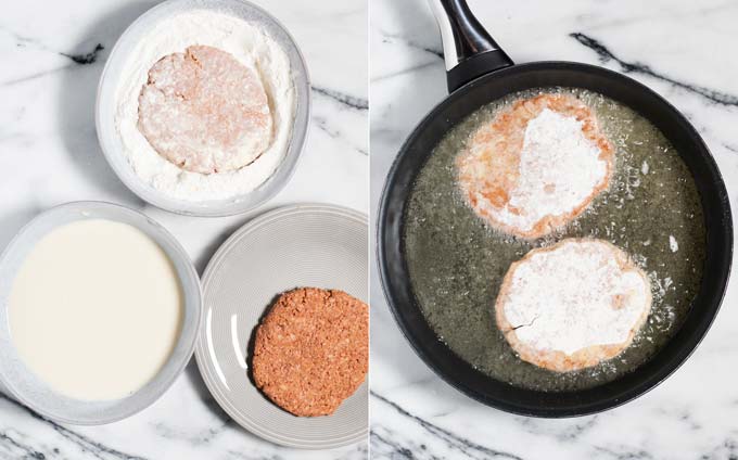 Floured steaks are given into a large pan with hot oil.