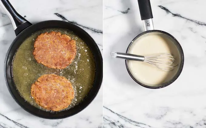 Steaks are fried in a pan and the white sauce is being prepared in a small sauce pan.