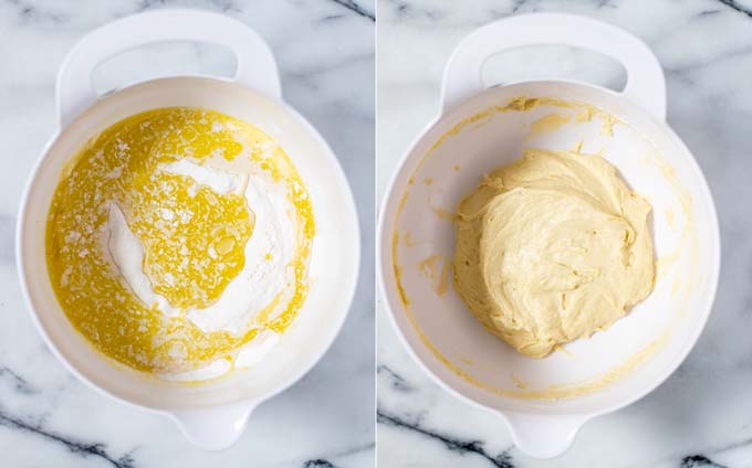 Side by side view of a mixing bowl with the dumpling dough before and after mixing.