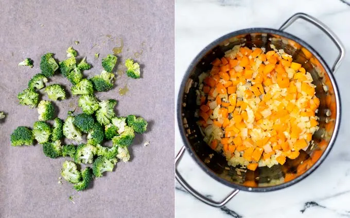 Side by side view of broccoli being roasted on a baking sheet and vegetables being fried in a pot.