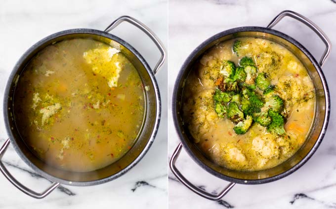 Side by side view of the broth before and after giving in the dumplings.