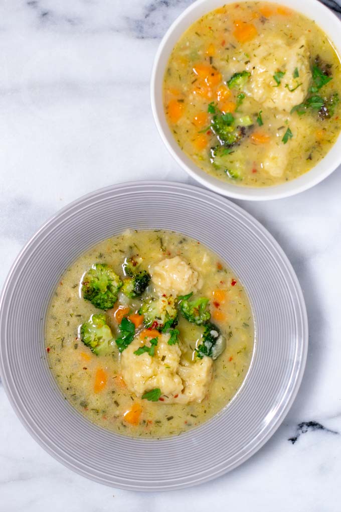 Dumpling Soup served in a bowl and on a plate.