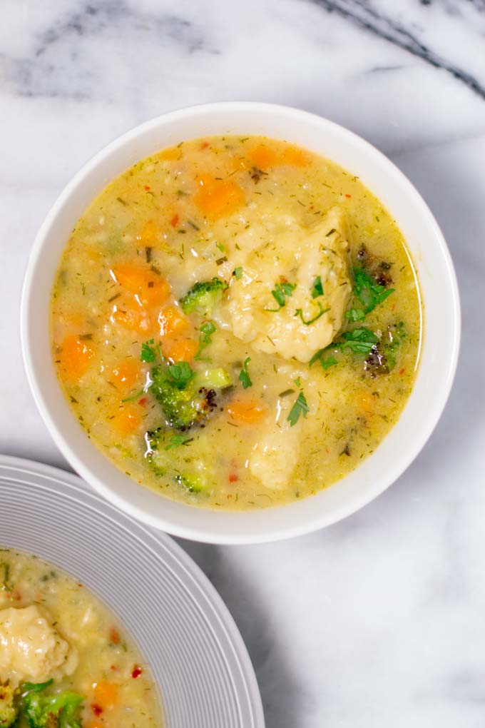 Closeup view on a bowl with Dumpling Soup.