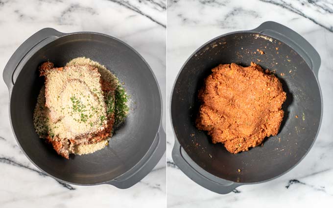 Side by side view of a large mixing bowl, showing before and after views of making the vegan ground beef mixture.