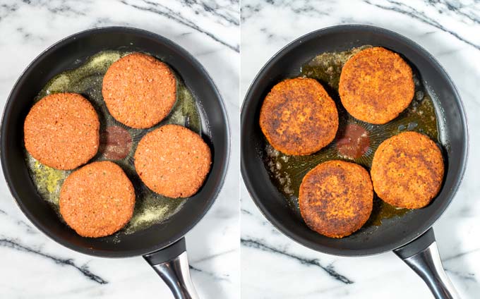 Pictures of a pan showing side by side how Hamburger Steaks are fried.