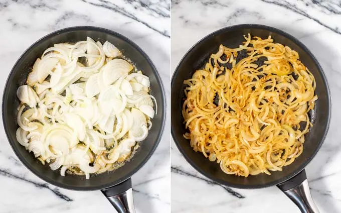 Side by side view of a pan showing hoe onions are caramelized.